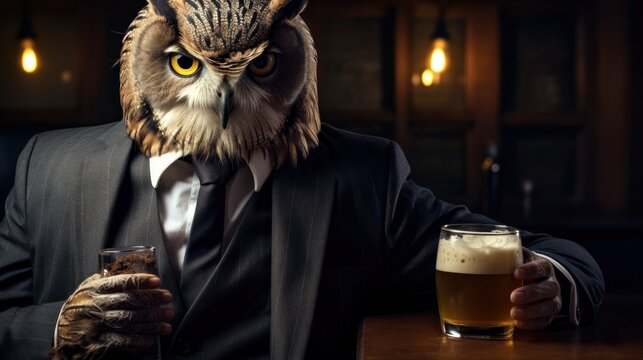  A Man In A Suit Holding A Glass Of Beer And An Owl's Head On Top Of His Jacket And A Glass Of Beer In Front Of His Hand.