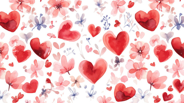 Background of Red hearts and flowers watercolor on white background