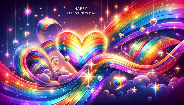 greeting banner or card LGBT heart in rainbow colors with Happy Valentines Day text