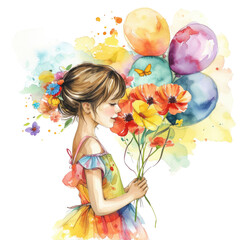 girl with a bouquet of flowers and balloons on white background