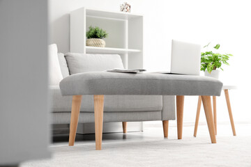 Laptop with newspapers on soft bench in light living room