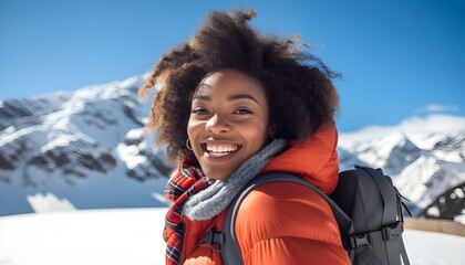 Afro-American woman, 25, enjoying snowy landscape  
