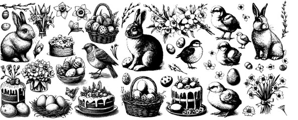 Easter eggs, basket, rabbit, willow and tulips. Vector sketch illustration. Spring holiday design elements set
