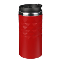 Thermos cup as a model, clean material. red clean thermos cup with black lid, blank for text. Copy space. Isolated transparent background, png background. Different shooting angle.