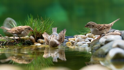 Three house sparrows, female are bathing in the water of the bird watering hole. Reflection on the...