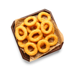 Tray with fried breaded onion rings on white background