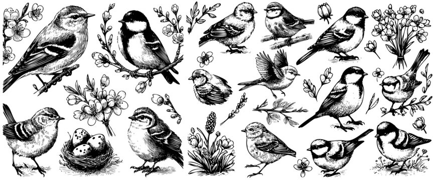 Set of of birds and flowers, line drawings, ink drawing, hand drawn illustration, Vector
