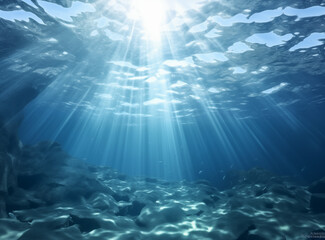 Fototapeta na wymiar beautiful abstract blue ocean background with underwater scene with rays of light, sun rays and bottom 