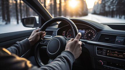 unrecognizable man driving car during a snowy day at sunset