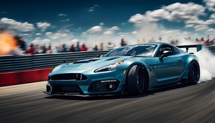 Sports car in a dynamic drifting action on a racetrack. Generative AI
