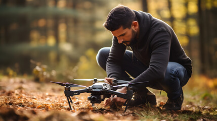 Drone photography enthusiast preparing a drone for a flight to capture aerial landscape shots.