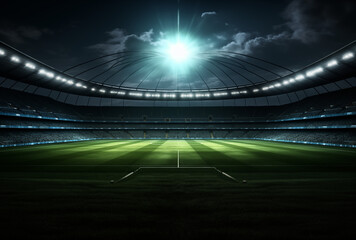universal grass stadium illuminated by spotlights and empty green grass playground