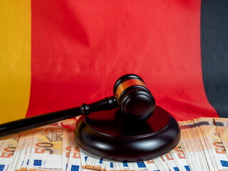 The judge's gavel lies on 50 euro bills against the background of the German flag. Law and justice...