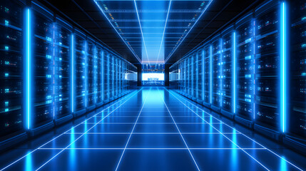 Futuristic data center with rows of servers and blue LED lighting. - obrazy, fototapety, plakaty