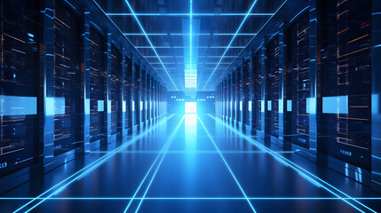 Futuristic data center with rows of servers and blue LED lighting. - obrazy, fototapety, plakaty