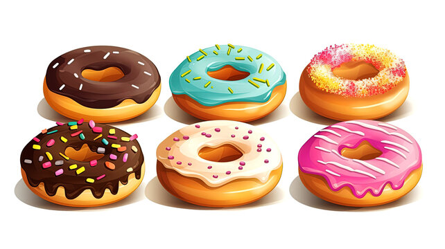 Set of cartoon donuts isolated on white background.