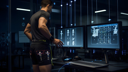 High-tech sports analytics lab analyzing athlete performance using biomechanical sensors and data analysis.