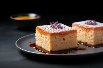 Square cut sweet potato cake on plate, epitome of bakery delight