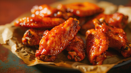 Sticky glazed wings on baking paper. BBQ chicken wings, rustic style. Glazed wings, rich and glossy - obrazy, fototapety, plakaty