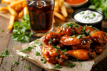 Saucy wings with fries with beer or a cold drink. Bar wings with fries and soda. Buffalo wings with herbs on wooden board with french fries and a glass of dark beer. Buffalo wings meal, complete set - obrazy, fototapety, plakaty