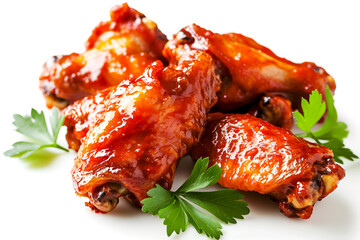 Sticky glazed wings, with parsley garnish isolated on white background. Tangy wings on plate with fresh herbs. Homemade barbecue chicken wings on white