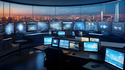 Smart city traffic control center with large screens displaying real-time traffic data and analytics.