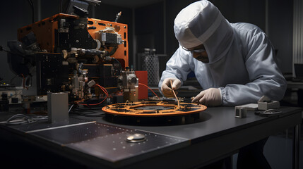 Space engineer in a simulation lab testing a new satellite design for orbital deployment.