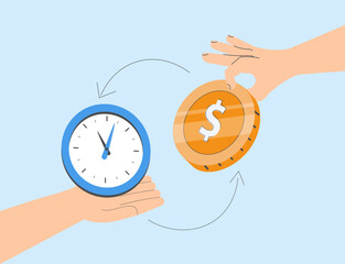 Business man hand exchanging time and money to each other. Abstract background. Vector illustration.
