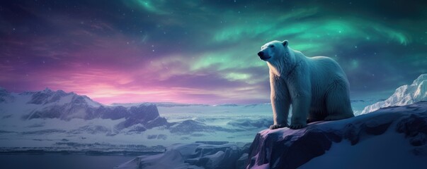 White bear stand on a glacier with Northern Lights, Aurora Borealis. Polar night with stars and dark sky. Wildlife scene from nature. Change climate or global warming concept - obrazy, fototapety, plakaty
