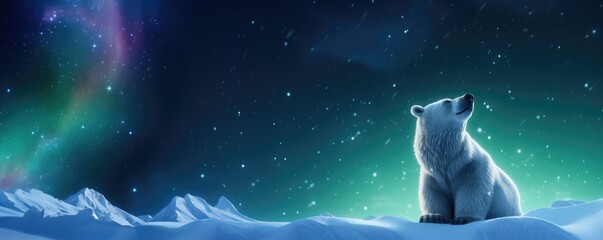 Obraz na płótnie Canvas White bear stand on a glacier with Northern Lights, Aurora Borealis. Polar night with stars and dark sky. Wildlife scene from nature. Change climate or global warming concept