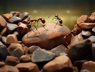 Conceptual work, a team of ants moving stones, AI generator