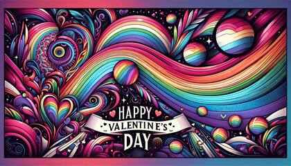 greeting banner or card LGBT in rainbow colors with Happy Valentines Day text