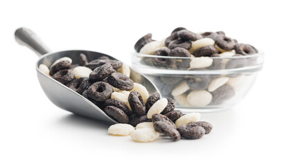 Sweet breakfast cereals in scoop isolated on white background.