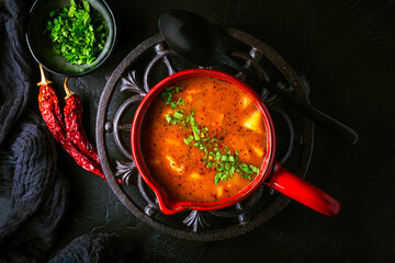 Hungarian hot goulash soup, beef, tomato, pepper, chili, smoked paprika soup. Traditional Hungarian dish.