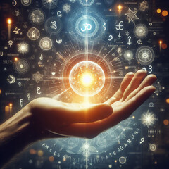 Spirituality in the palm of your hand. Open prayer hands worship God. Glowing light or spirit for spirituality, crystal ball