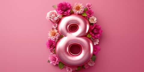 A balloon in the shape of the number eight with flowers on a pink background, the concept of the International Women's Day holiday, March 8. - obrazy, fototapety, plakaty