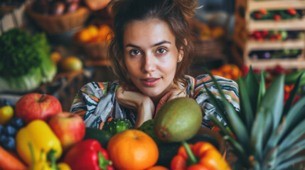 Fototapeta na wymiar Woman diet concept, vegetables, fruits, healthy food