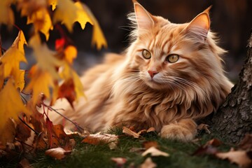 Naklejka na ściany i meble Autumns muse Stunning red cat with amber gaze amid yellow foliage