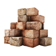 Old ancient stack of solid block bricks and stone isolated on transparent background.