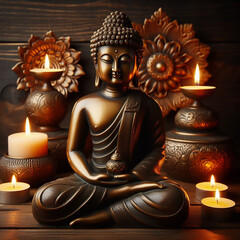 Bronze Buddha statue with warm lighted candles over wooden background