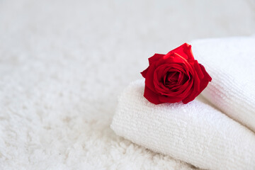 White towels with red roses. Spa and wellness or beauty salon, romantic relaxation concept. Valentine's Day. Copy space.