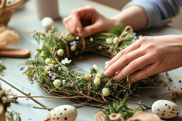 Handmade easter wreath with colored eggs and spring flowers. Creative workshop idea