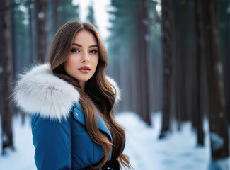 Beautiful young woman with long hair in a jacket with a fur white collar in a snowy forest. Winter walk