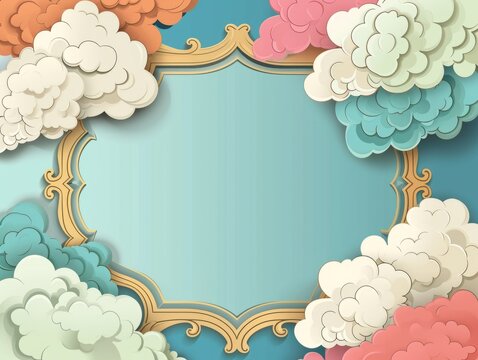 Cartoon illustration of fluffy colourful clouds forming a serene frame against a soft blue sky.