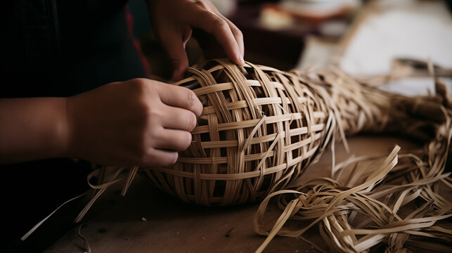 unrecognizable hand crafting a traditional wicker basket 
