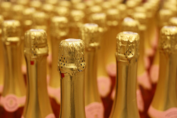 Champagne bottles in a row, selective focus. Liquor store, sparkling wine production concept