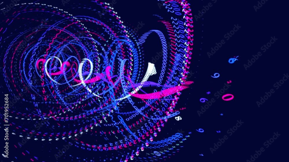 Poster vj loop hologram blue red abstract bg. symbols form lines, lines form spiral grid. sci fi theme, inf