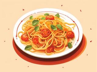 Spaghetti pasta with tomato sauce, basil and parmesan. illustration Generative AI