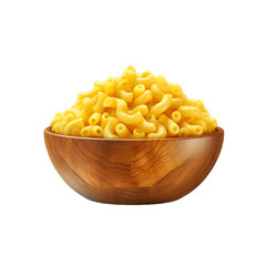 Macaroni and cheese fast food on a wooden bowl isolated on transparent background.