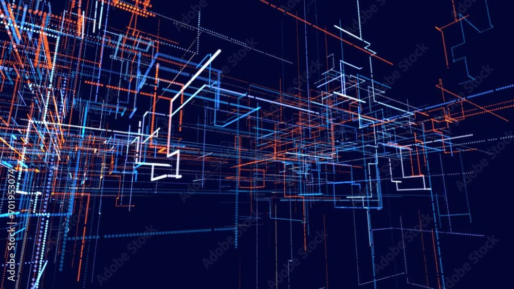 Poster glow blue red particles form lines. info concept lines and nodes, ai construction light grid. lines 